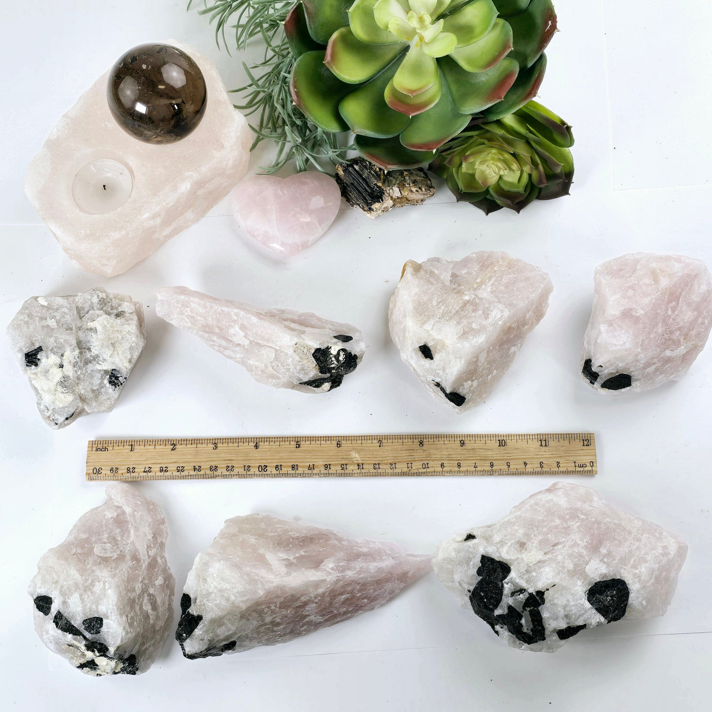 Black Tourmaline on Rose Quartz Crystal Matrix Rare Find - You Choose #1 all variants with ruler for size reference