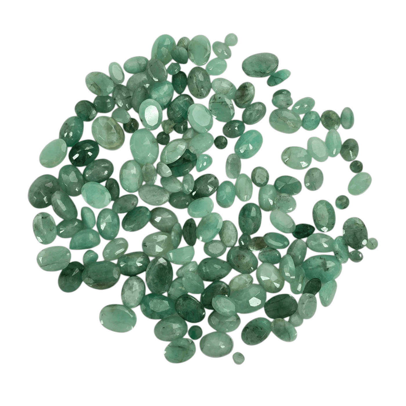Emerald - 100 Carats Loose Faceted Gemstones - 2mm-6mm Assorted Sizes and Shapes - You Get All arranged in circular pile on white background