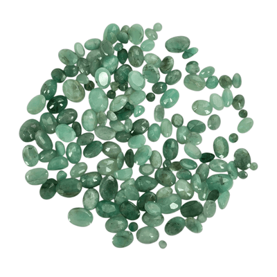 Emerald - 100 Carats Loose Faceted Gemstones - 2mm-6mm Assorted Sizes and Shapes - You Get All arranged in circular pile on white background