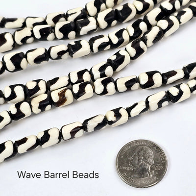 Batik Bone Beads - Full Strand of Fair Trade Beads from Kenya - You Choose Style Wave Barrel Beads style labeled with quarter for size reference