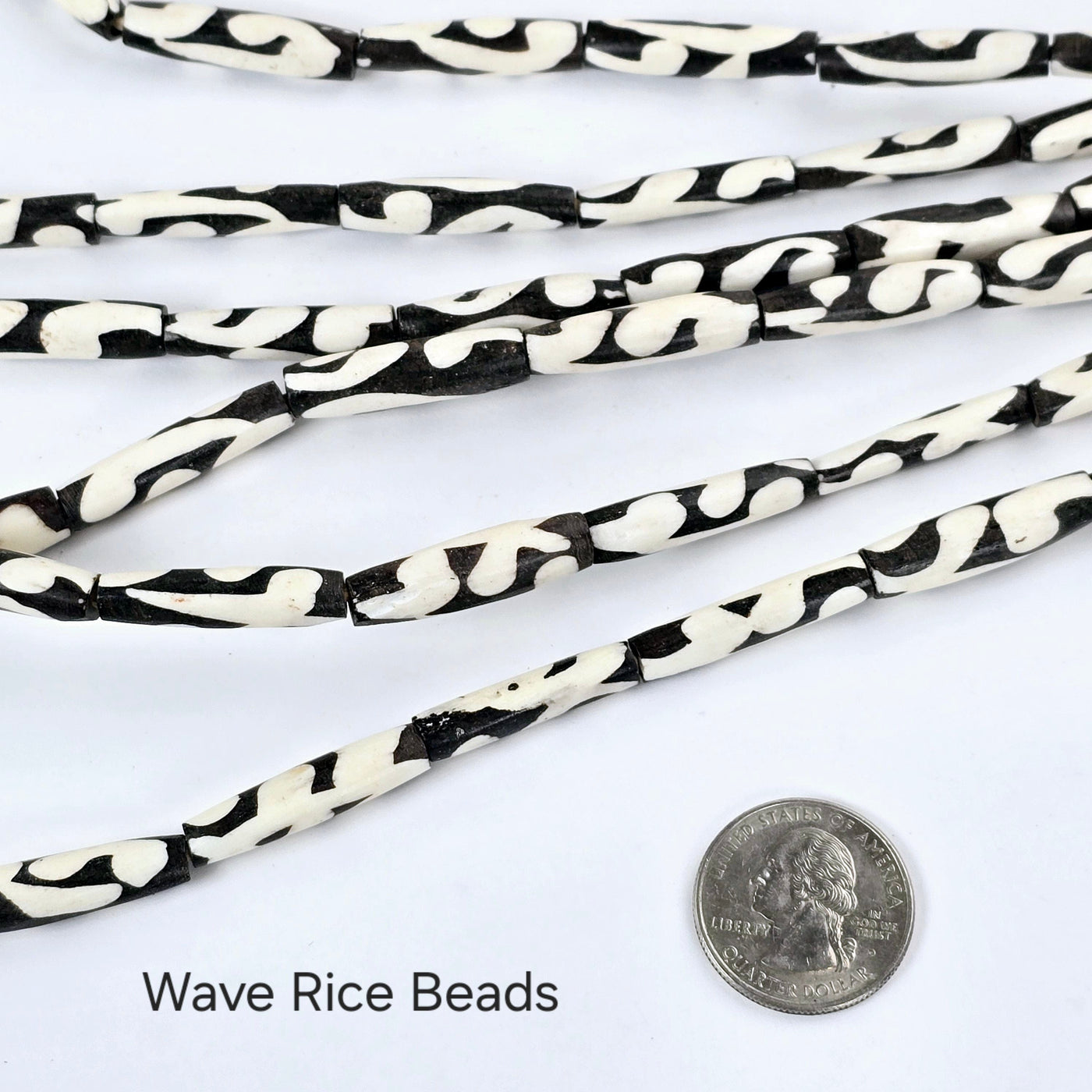 Batik Bone Beads - Full Strand of Fair Trade Beads from Kenya - You Choose Style Wave Rice Beads style labeled with quarter for size reference