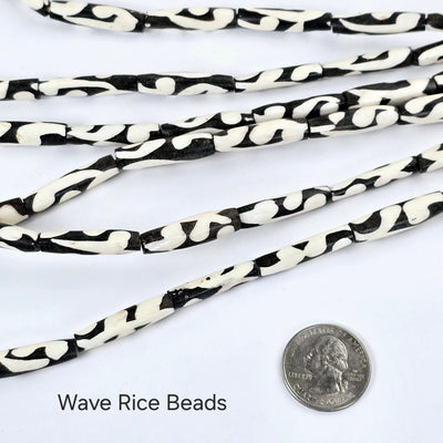 Batik Bone Beads - Full Strand of Fair Trade Beads from Kenya - You Choose Style Wave Rice Beads style labeled with quarter for size reference