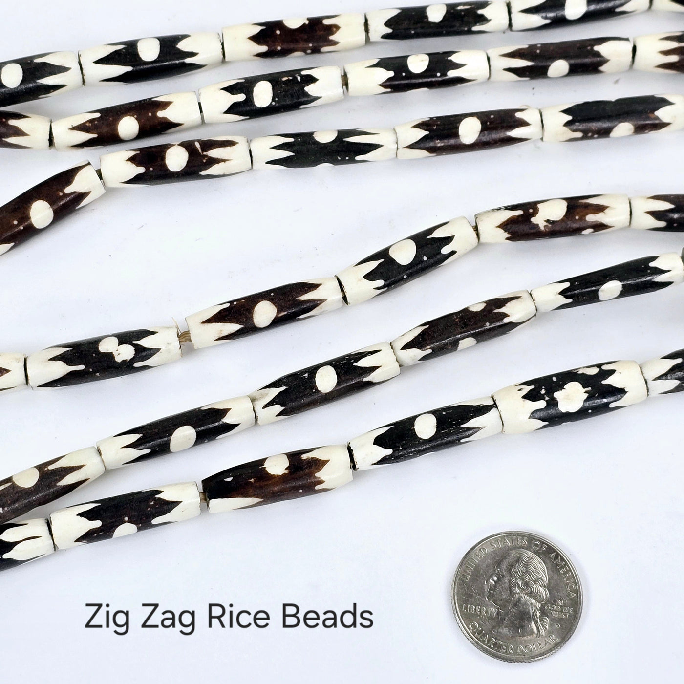 Batik Bone Beads - Full Strand of Fair Trade Beads from Kenya - You Choose Style Zig Zag Rice Beads style labeled with quarter for size reference
