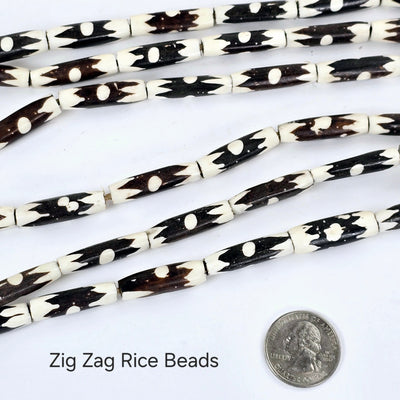 Batik Bone Beads - Full Strand of Fair Trade Beads from Kenya - You Choose Style Zig Zag Rice Beads style labeled with quarter for size reference
