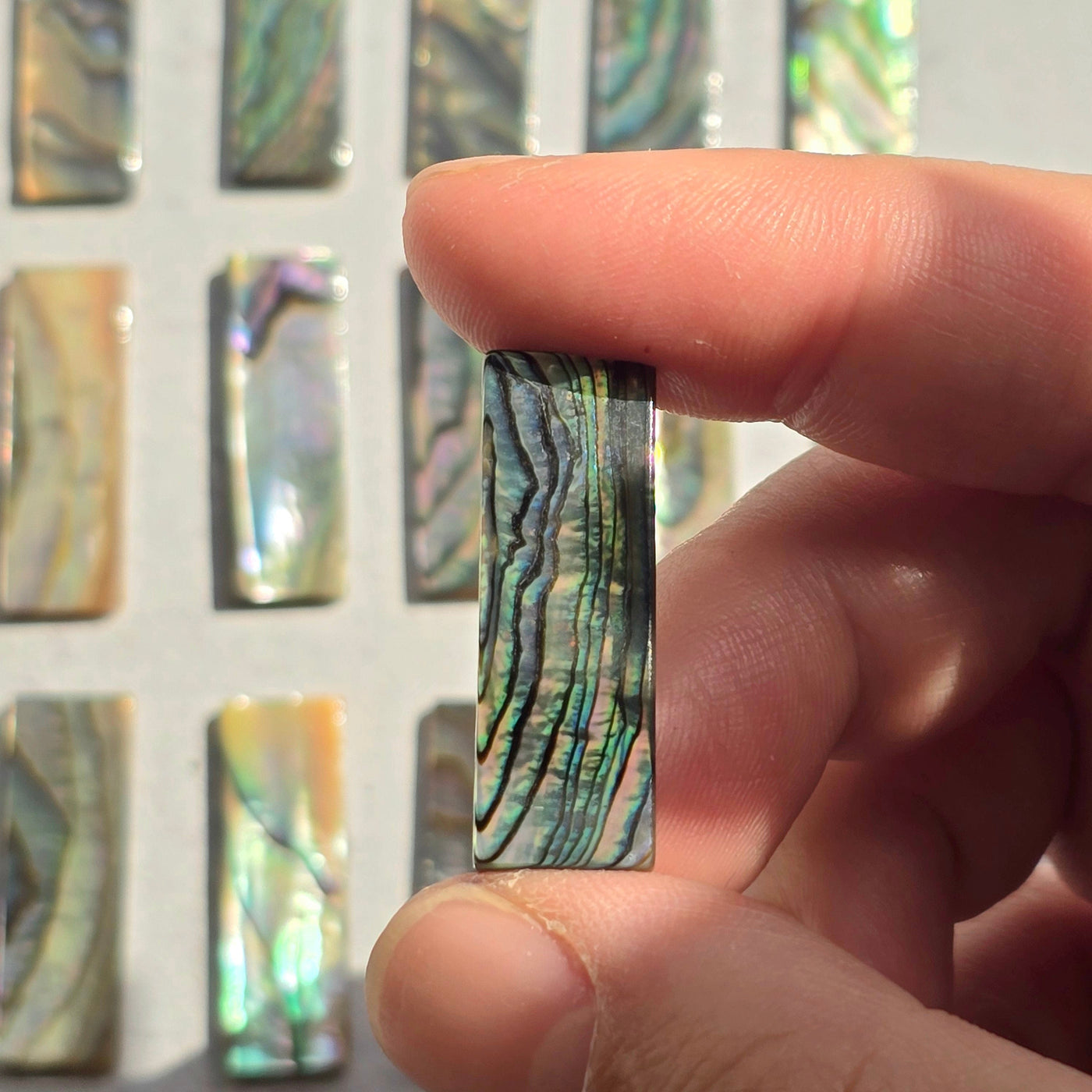Abalone Shell Rectangle Cabochon - 30mm one in hand for size reference with others in the background