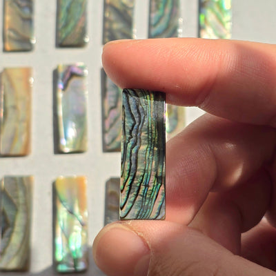 Abalone Shell Rectangle Cabochon - 30mm one in hand for size reference with others in the background