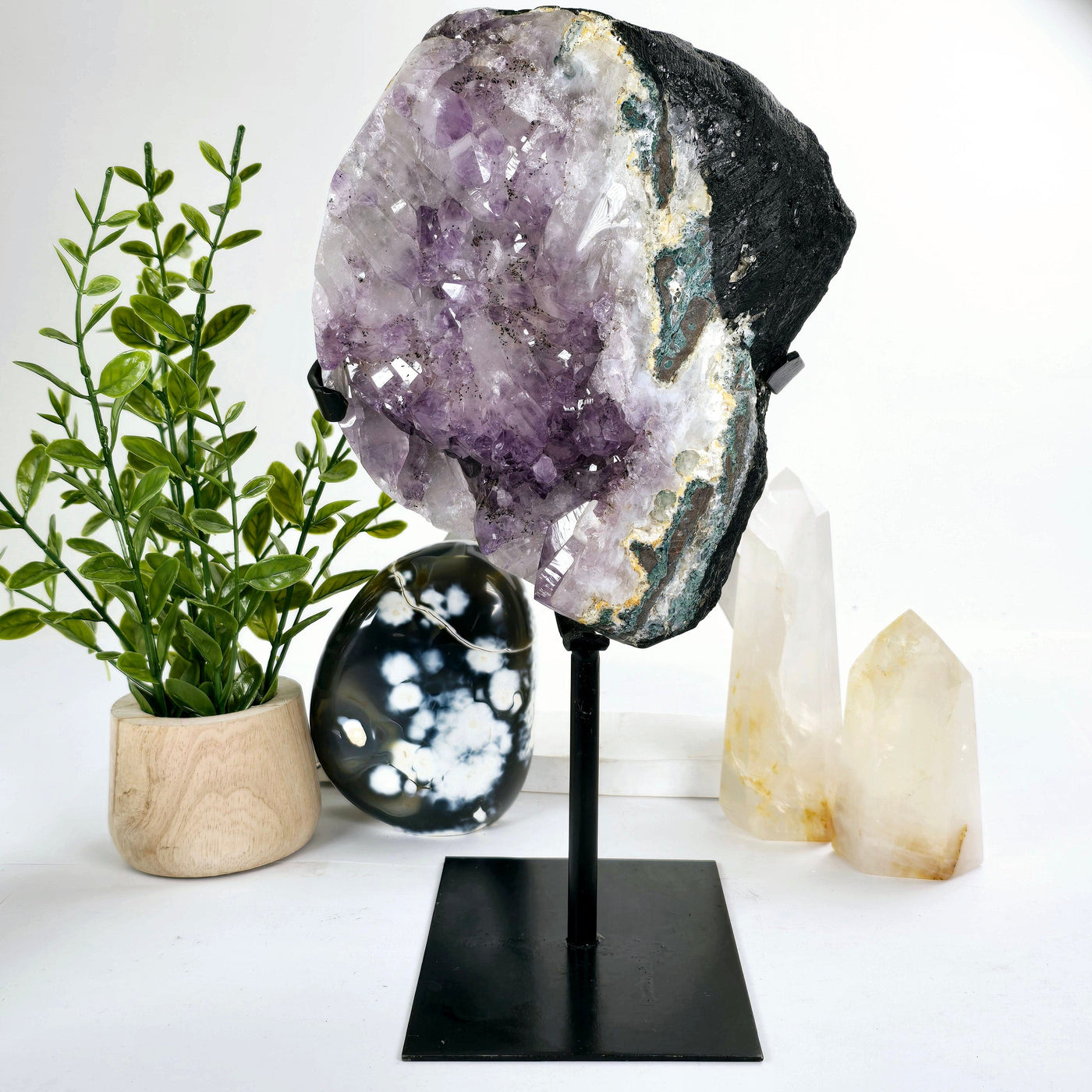 Amethyst Lemurian Crystal Cluster on Metal Stand - One-of-a-Kind front view