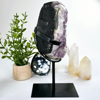 Amethyst Lemurian Crystal Cluster on Metal Stand - One-of-a-Kind side view