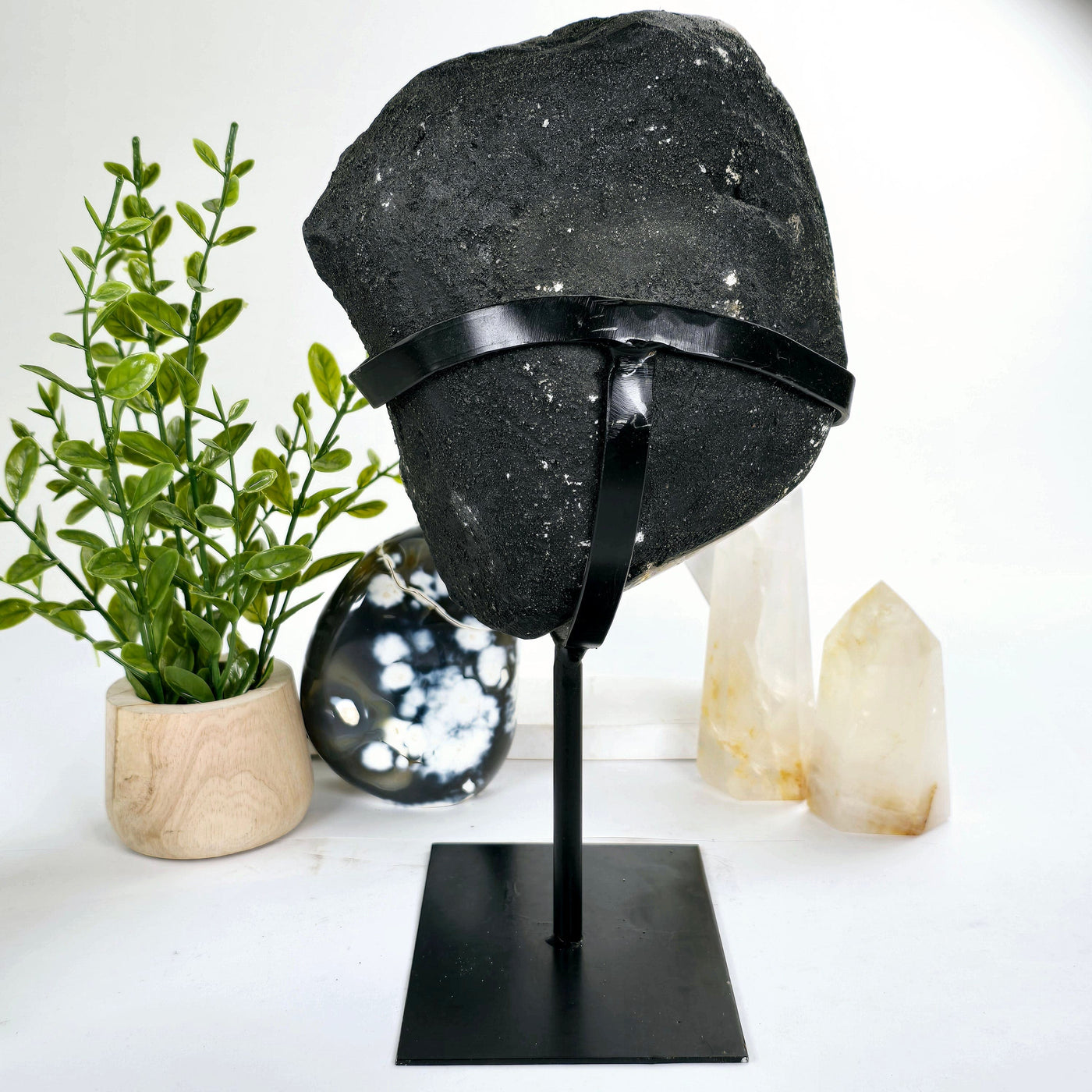 Amethyst Lemurian Crystal Cluster on Metal Stand - One-of-a-Kind back view