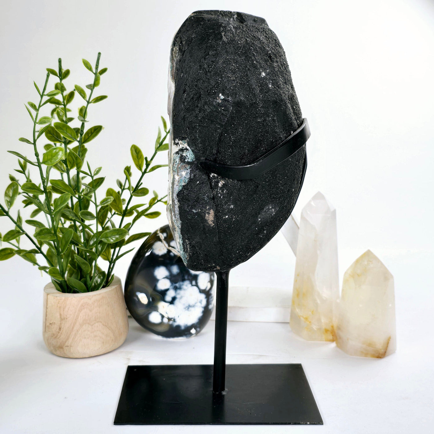 Amethyst Lemurian Crystal Cluster on Metal Stand - One-of-a-Kind side view