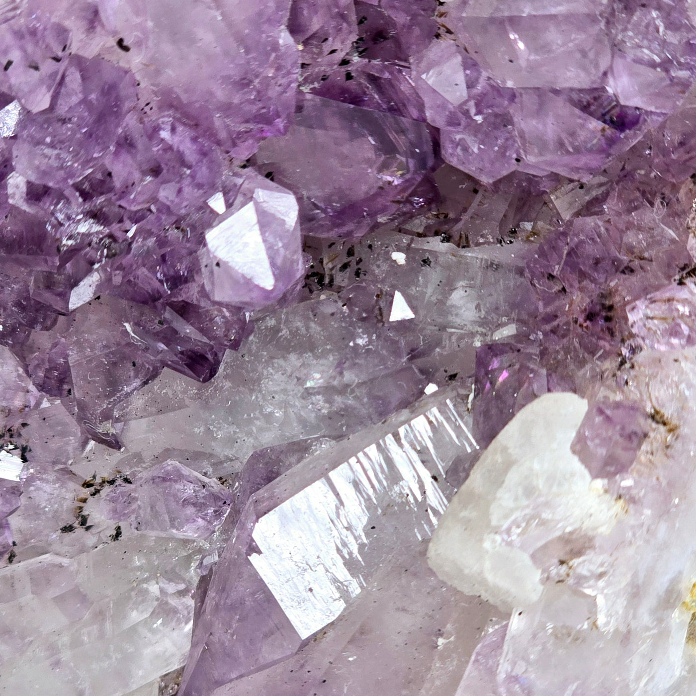 Amethyst Lemurian Crystal Cluster on Metal Stand - One-of-a-Kind closeup for detail