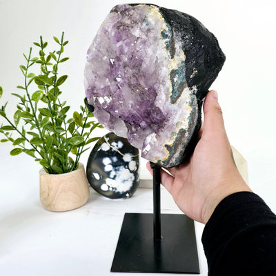 Amethyst Lemurian Crystal Cluster on Metal Stand - One-of-a-Kind with hand for size reference