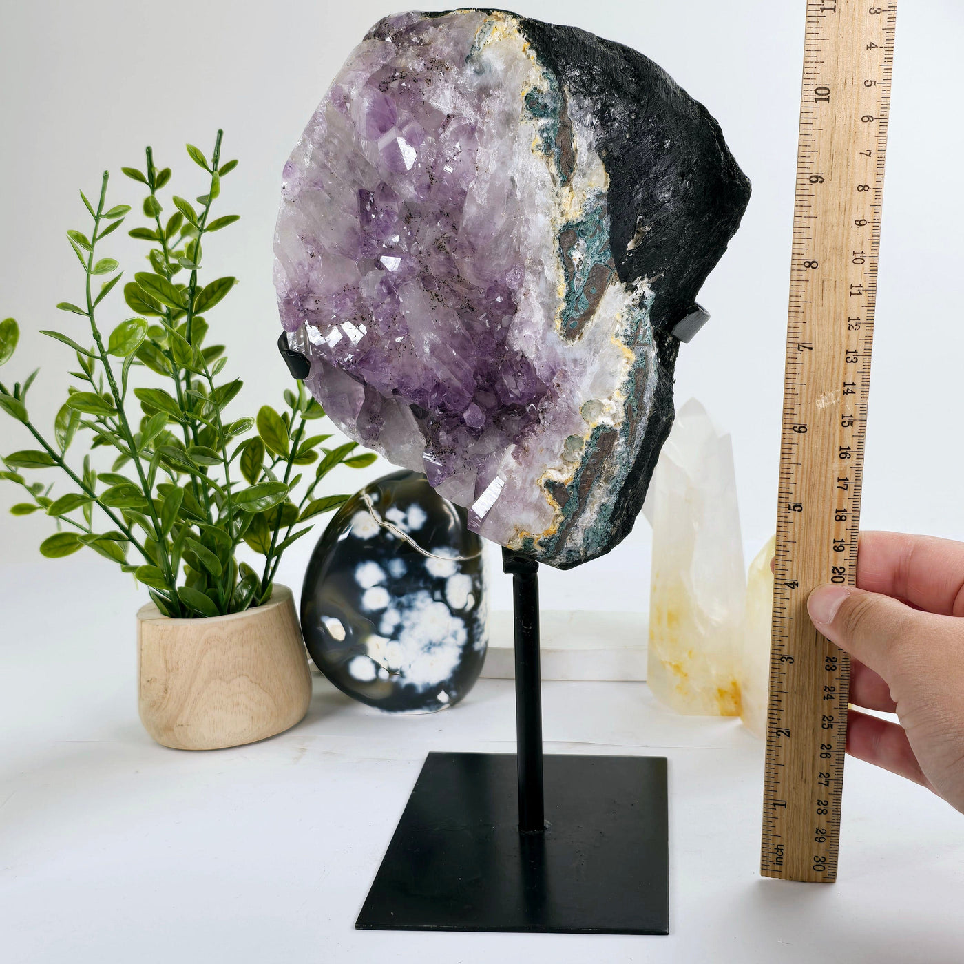 Amethyst Lemurian Crystal Cluster on Metal Stand - One-of-a-Kind with ruler for size reference