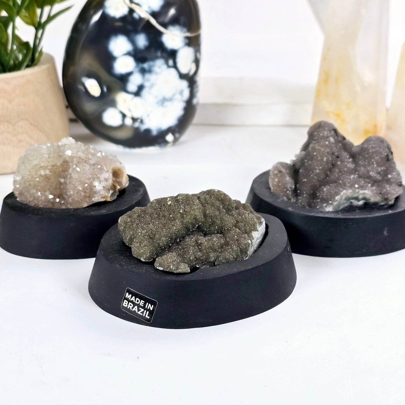 Gray Amethyst Druzy Pine Crystal Cluster on Wooden Base from Uruguay - You Choose all variants with props and plants