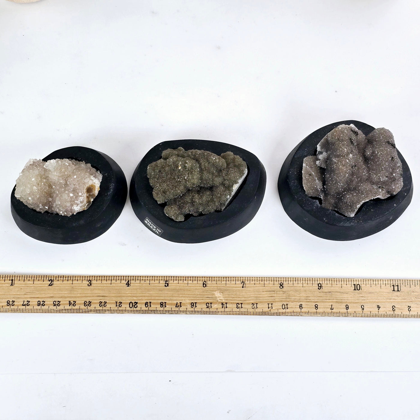 Gray Amethyst Druzy Pine Crystal Cluster on Wooden Base from Uruguay - You Choose all variants with ruler for size reference