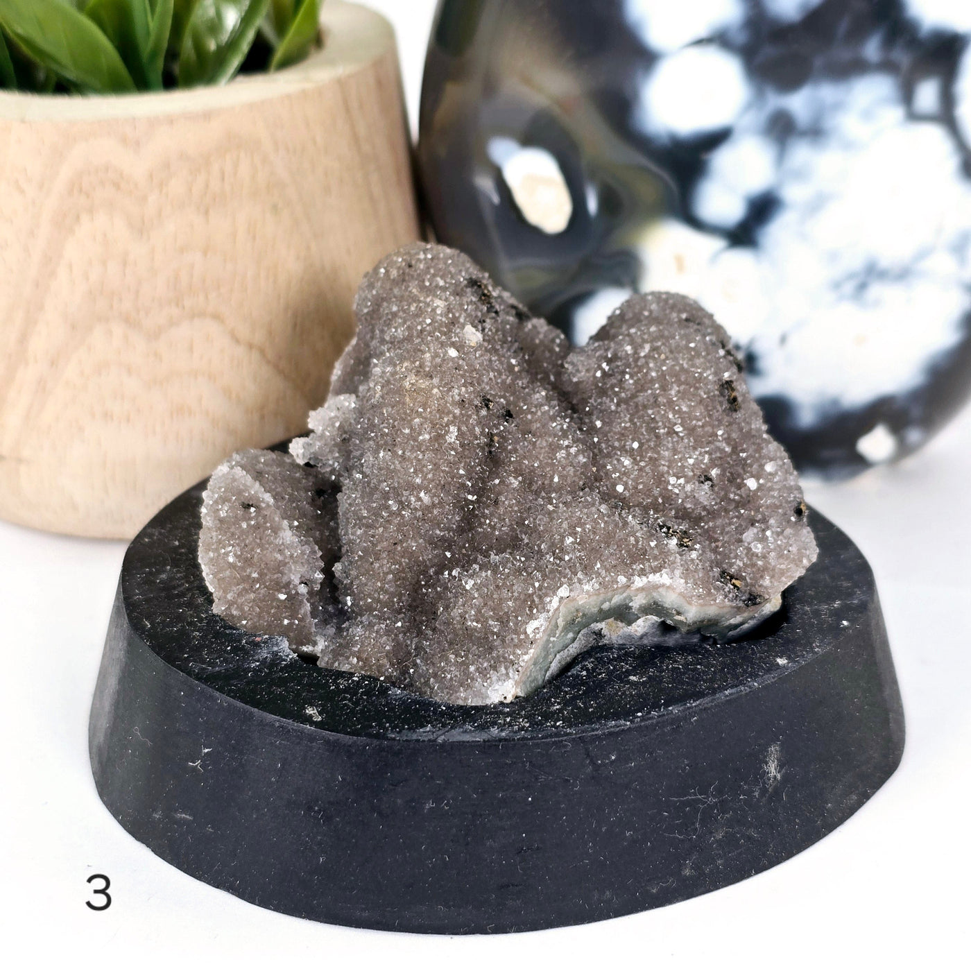 Gray Amethyst Druzy Pine Crystal Cluster on Wooden Base from Uruguay - You Choose variant 3 labeled