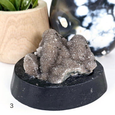 Gray Amethyst Druzy Pine Crystal Cluster on Wooden Base from Uruguay - You Choose variant 3 labeled