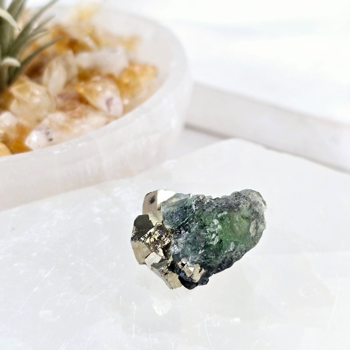 Green Fluorite with Cubic Pyrite Crystal Specimen from Peru - Rare Find - One-of-a-Kind side view