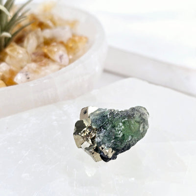 Green Fluorite with Cubic Pyrite Crystal Specimen from Peru - Rare Find - One-of-a-Kind side view