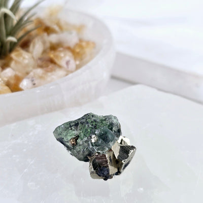 Green Fluorite with Cubic Pyrite Crystal Specimen from Peru - Rare Find - One-of-a-Kind side view