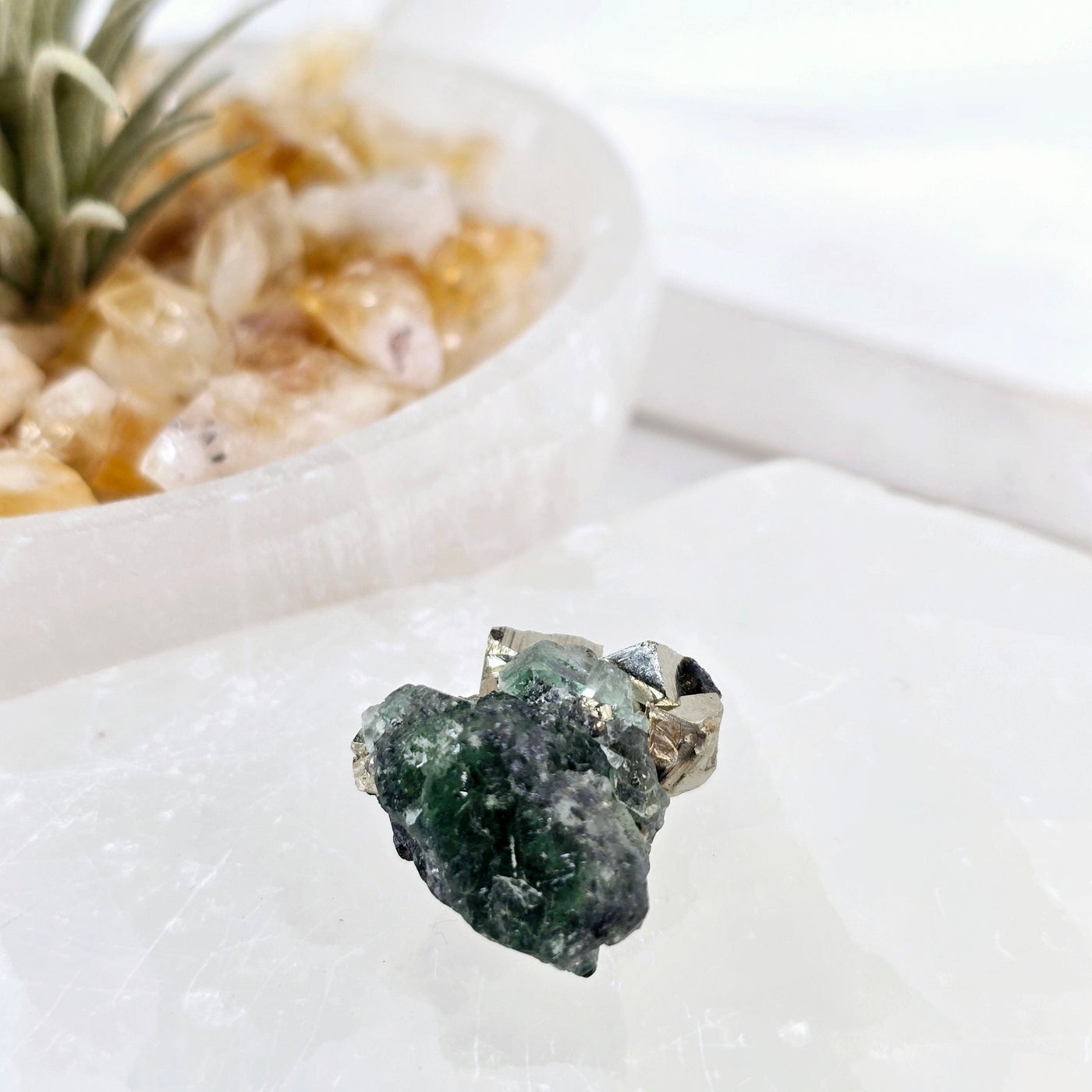 Green Fluorite with Cubic Pyrite Crystal Specimen from Peru - Rare Find - One-of-a-Kind side view