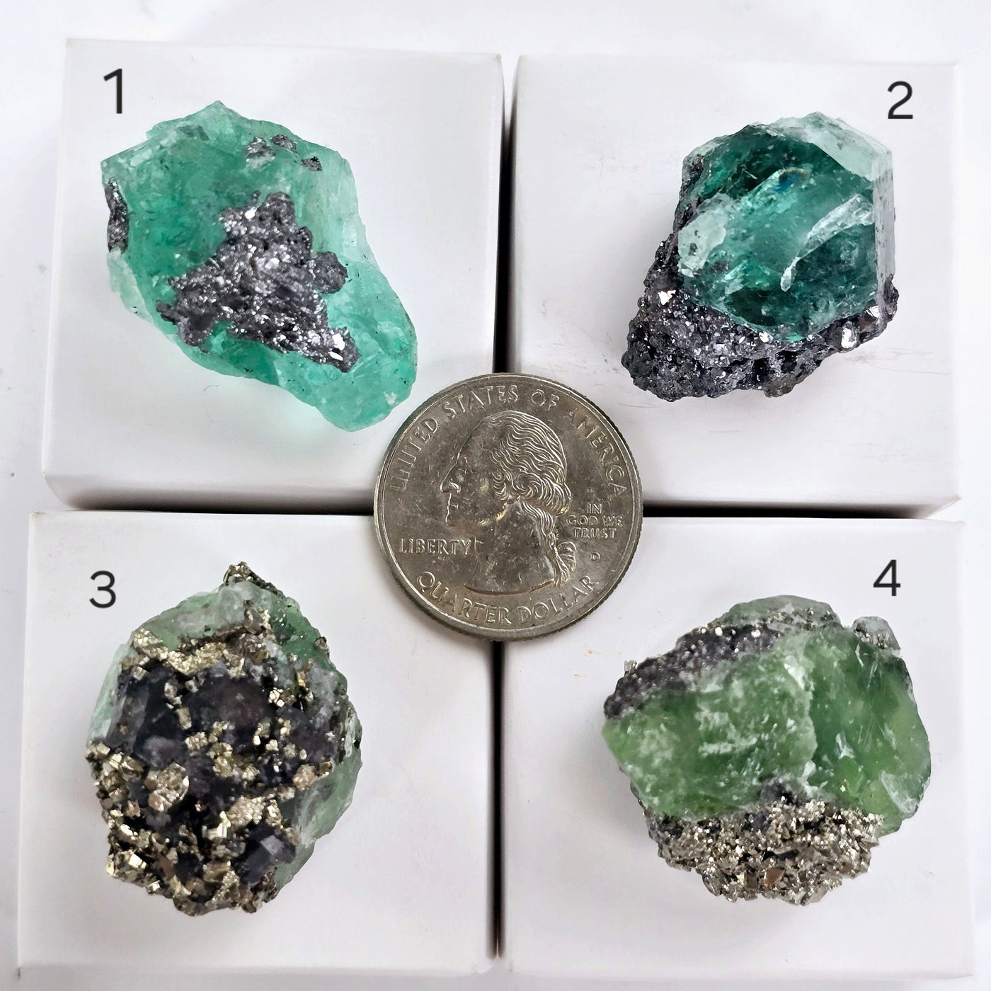 Fluorite with Pyrite Crystal Specimen from Peru - Rare Find - You Choose #1 variants 1, 2, 3, and 4 labeled with quarter for size reference