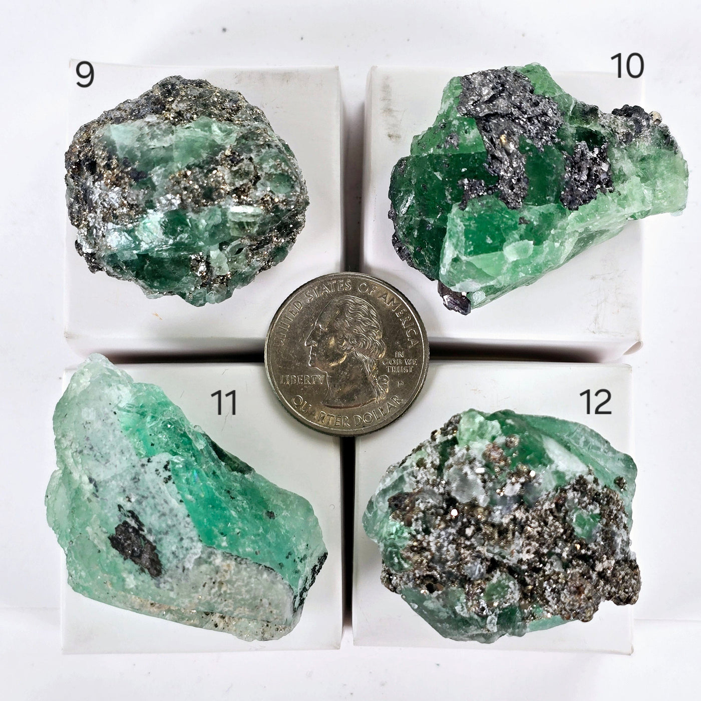 Fluorite with Pyrite Crystal Specimen from Peru - Rare Find - You Choose #1 variants 9, 10, 11, and 12 labeled with quarter for size reference