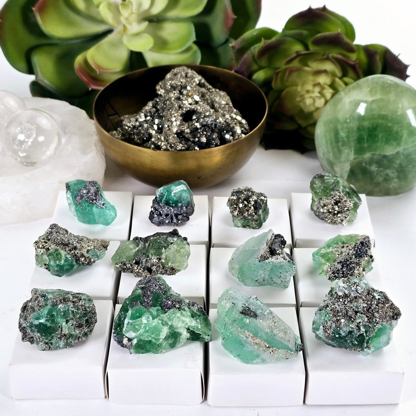 Fluorite with Pyrite Crystal Specimen from Peru - Rare Find - You Choose #1 all variants with props and plants in the background