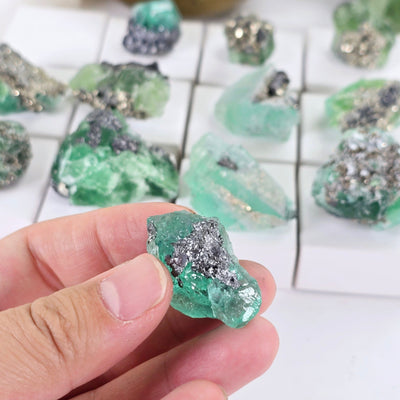 Fluorite with Pyrite Crystal Specimen from Peru - Rare Find - You Choose #1 variant 1 in hand for size reference with other variants in the background