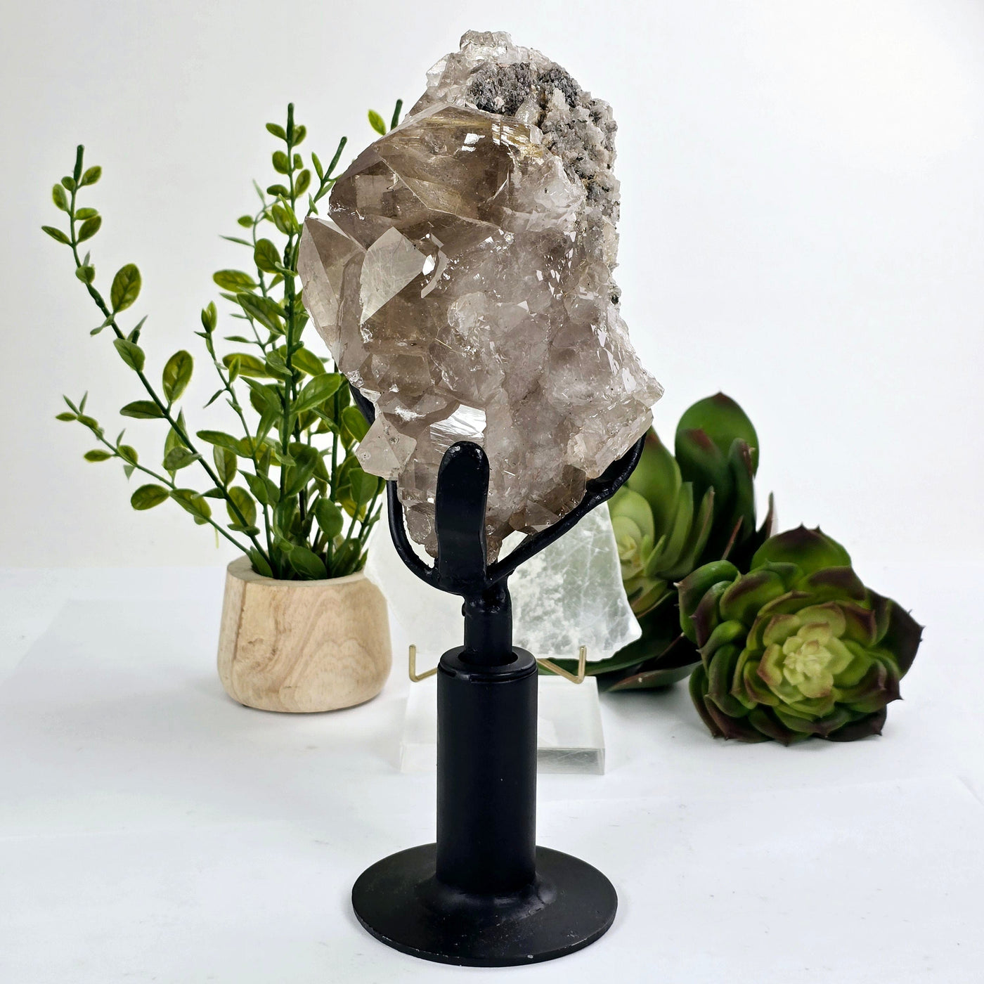 Rutilated Natural Smokey Citrine Crystal Cluster on Rotating Stand front view
