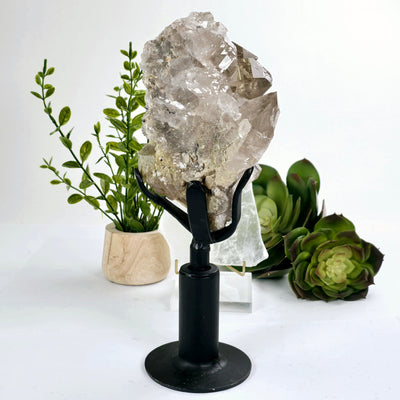 Rutilated Natural Smokey Citrine Crystal Cluster on Rotating Stand side view
