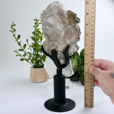 Rutilated Natural Smokey Citrine Crystal Cluster on Rotating Stand with ruler for size reference