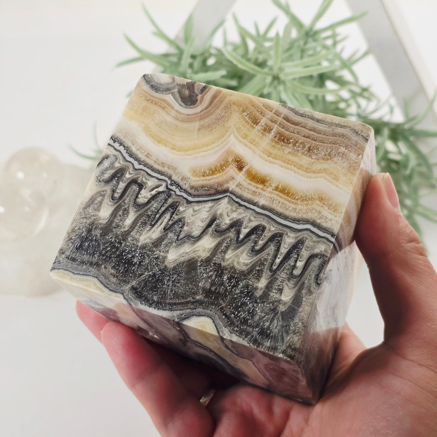 Mexican Onyx Crystal Cube - One-of-a-Kind - As Is in hand for size reference