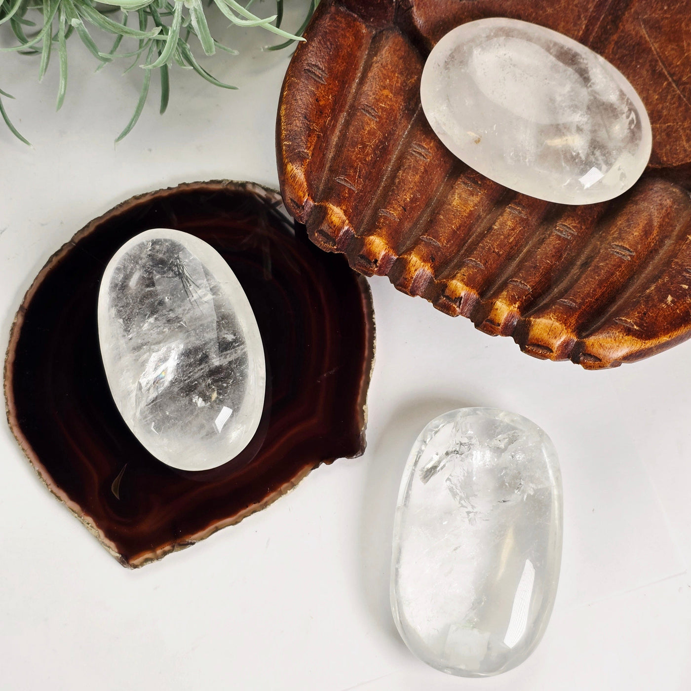 Crystal Quartz Palm Stone - You Choose all variants with props and plants 