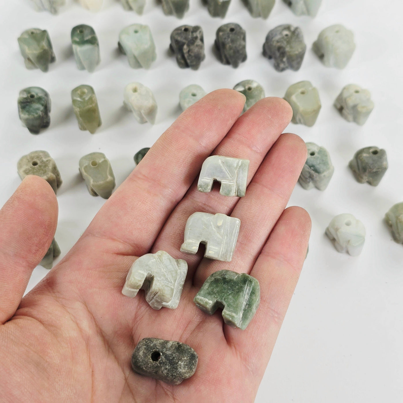 Jade Elephant Crystal Beads - You Choose Quantity 1, 5, 10 - five in hand for size reference with others in background
