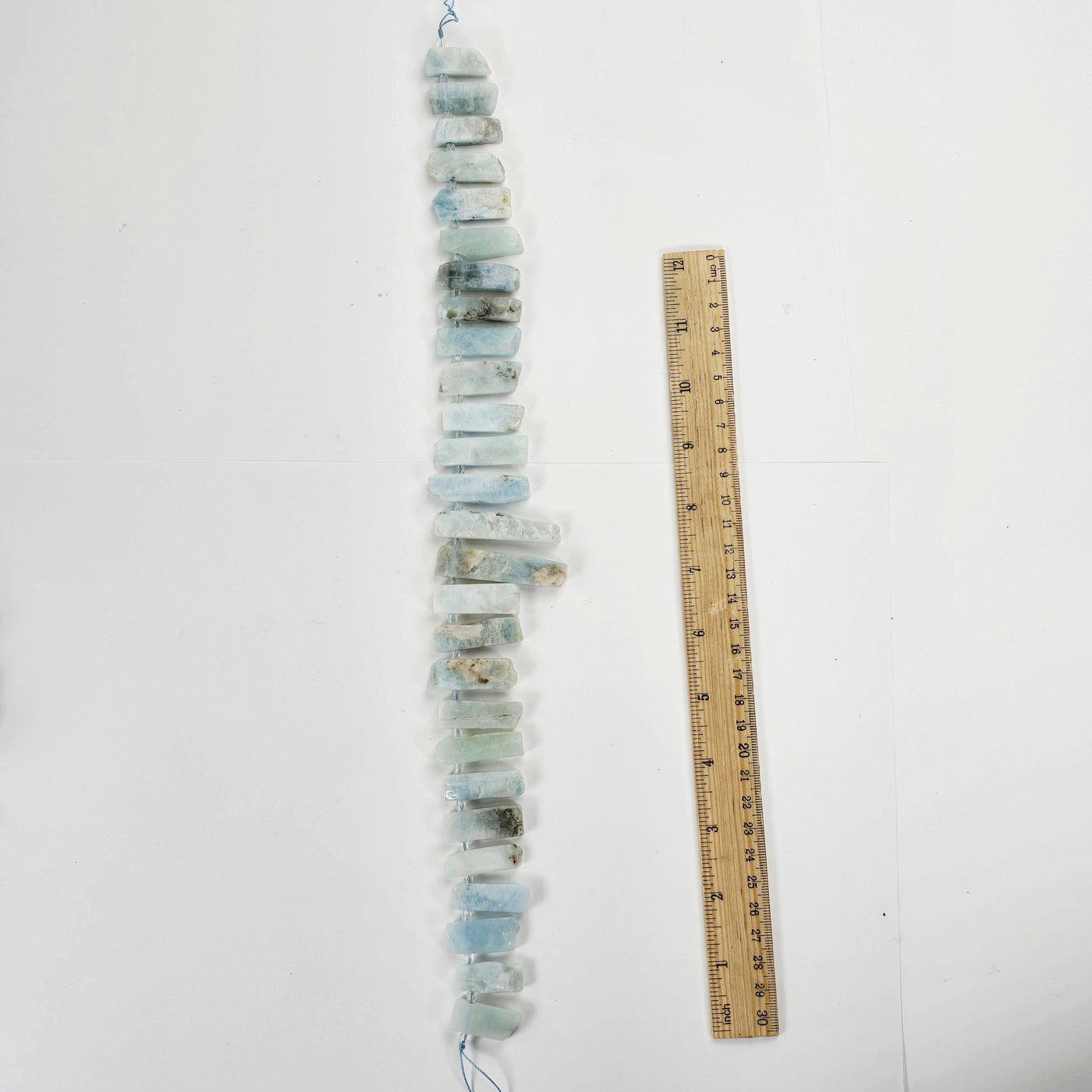 Aquamarine Polished Rectangular Crystal Shard Beads - Top Side Drilled - 1 Full Strand with ruler for size reference
