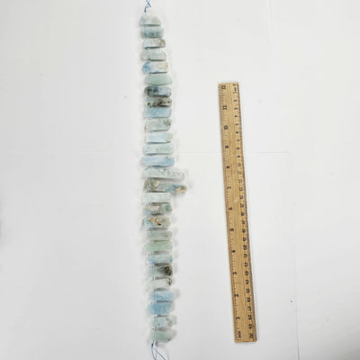 Aquamarine Polished Rectangular Crystal Shard Beads - Top Side Drilled - 1 Full Strand with ruler for size reference