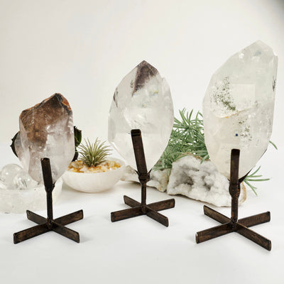 Polished Crystal Quartz with Inclusions on Metal Stand - You Choose all variants with props and plants in the background