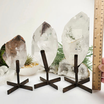 Polished Crystal Quartz with Inclusions on Metal Stand - You Choose all variants with ruler for size reference
