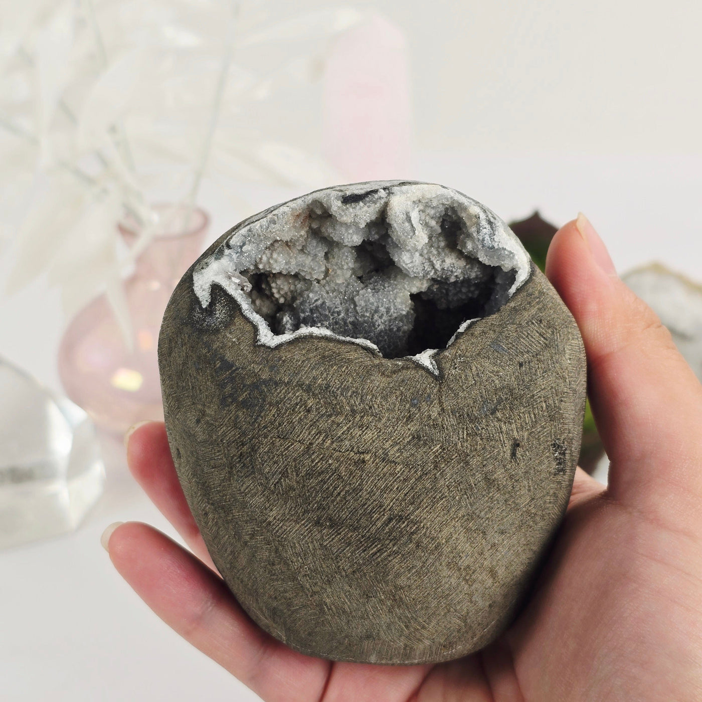 Zeolite Apophyllite and Chalcedony Druzy Crystal Geode Cut Base - One-of-a-Kind in hand for size reference