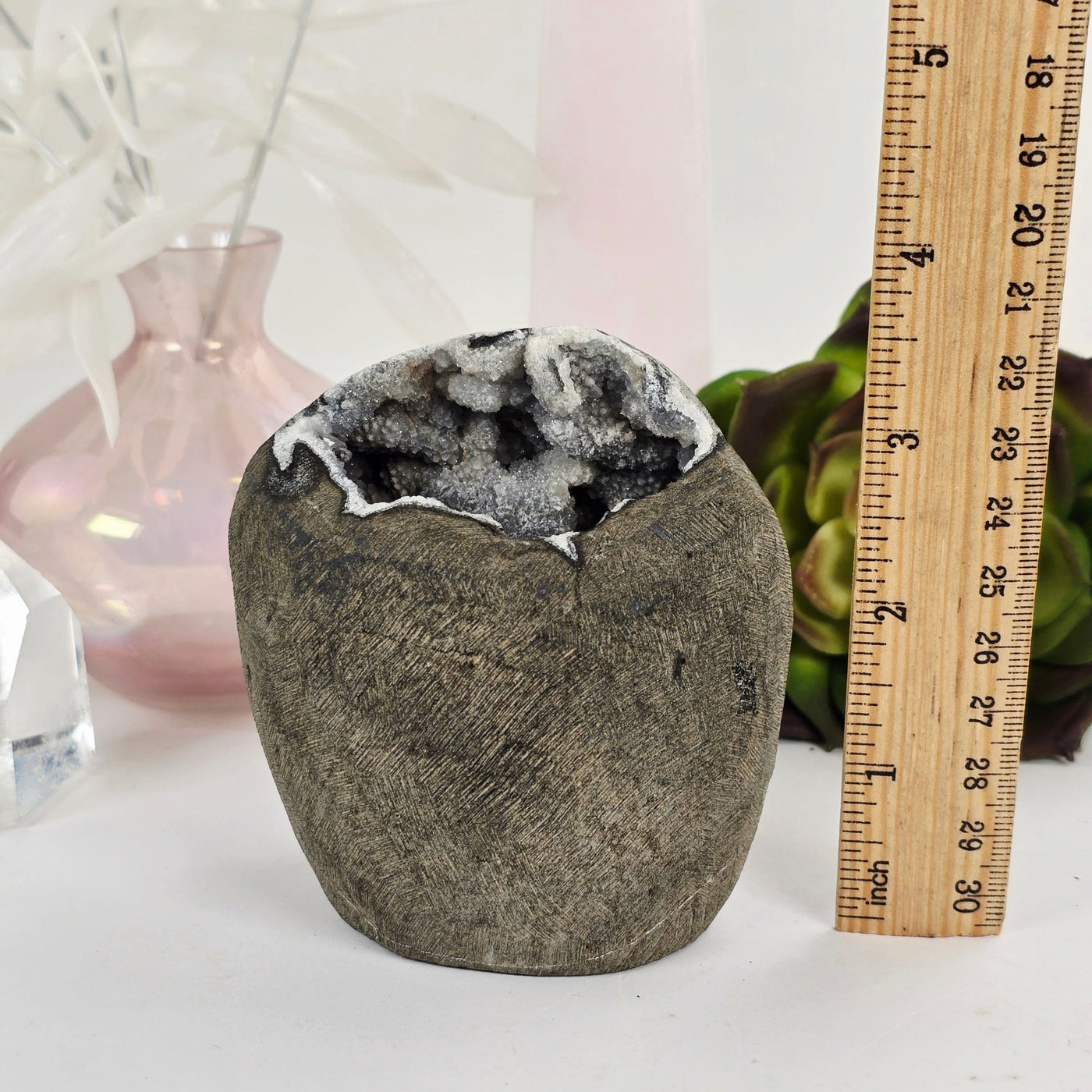 Zeolite Apophyllite and Chalcedony Druzy Crystal Geode Cut Base - One-of-a-Kind with ruler for size reference