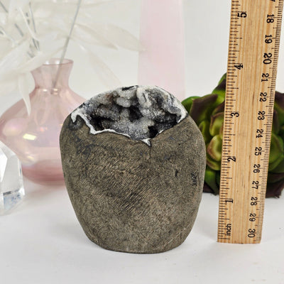 Zeolite Apophyllite and Chalcedony Druzy Crystal Geode Cut Base - One-of-a-Kind with ruler for size reference