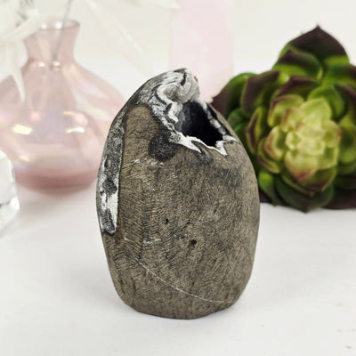 Zeolite Apophyllite and Chalcedony Druzy Crystal Geode Cut Base - One-of-a-Kind side view