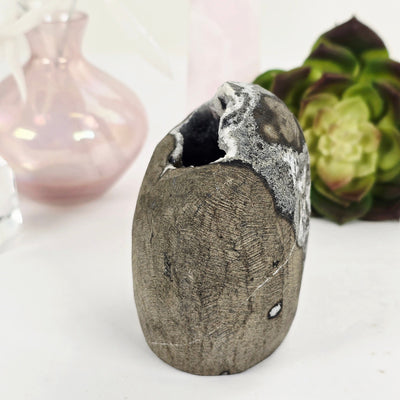 Zeolite Apophyllite and Chalcedony Druzy Crystal Geode Cut Base - One-of-a-Kind side view