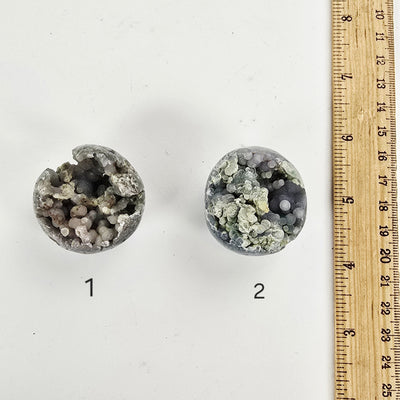 Grape Agate Polished Crystal Egg from Indonesia - You Choose #2 variants 1 and 2 labeled with ruler for size reference