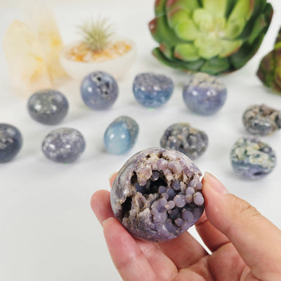Grape Agate Polished Crystal Egg from Indonesia - You Choose #2 variant 11 in hand for size reference with other variants in background with props and plants