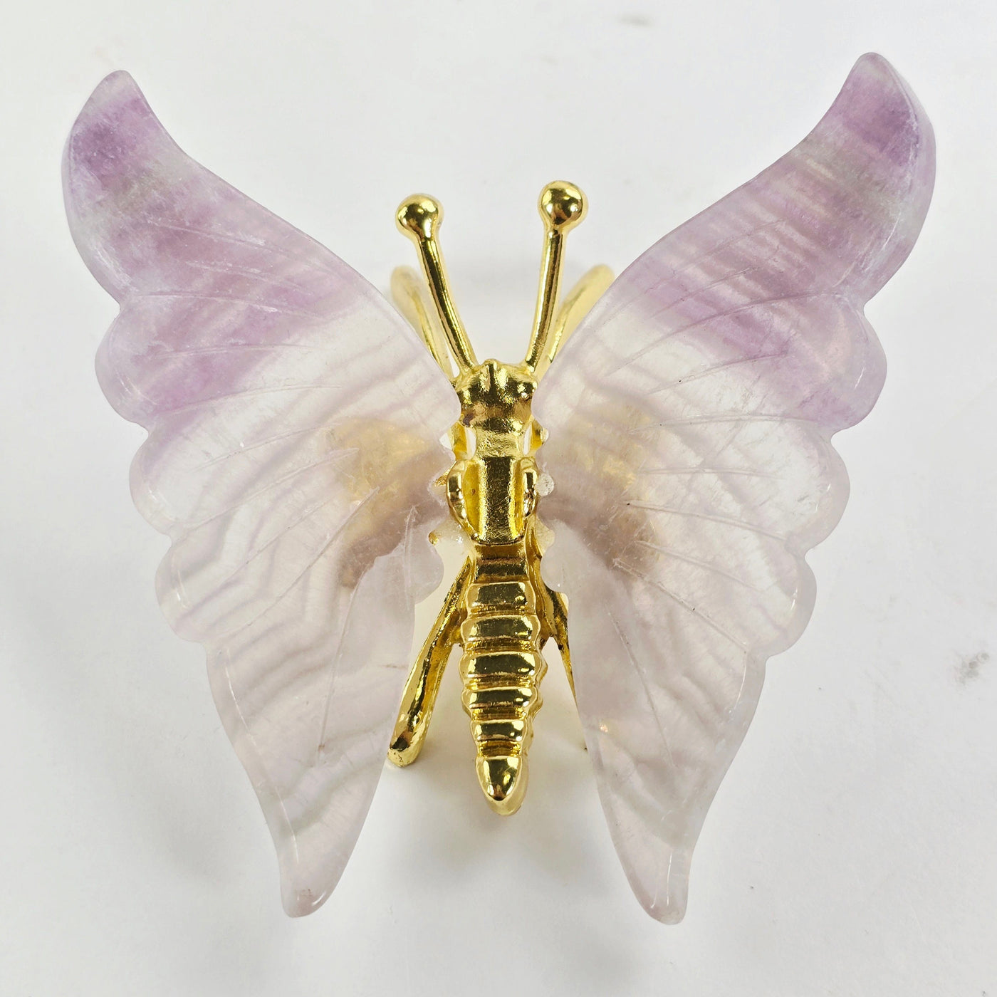 Fluorite Crystal Butterfly - Gold Toned Metal Butterfly with Fluorite Wings - One-of-a-Kind front view