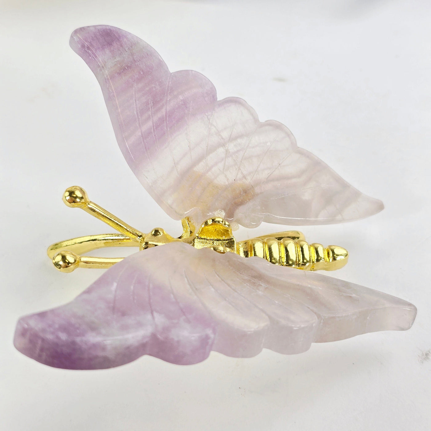 Fluorite Crystal Butterfly - Gold Toned Metal Butterfly with Fluorite Wings - One-of-a-Kind side view