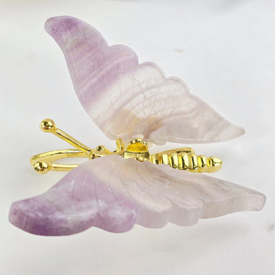 Fluorite Crystal Butterfly - Gold Toned Metal Butterfly with Fluorite Wings - One-of-a-Kind side view
