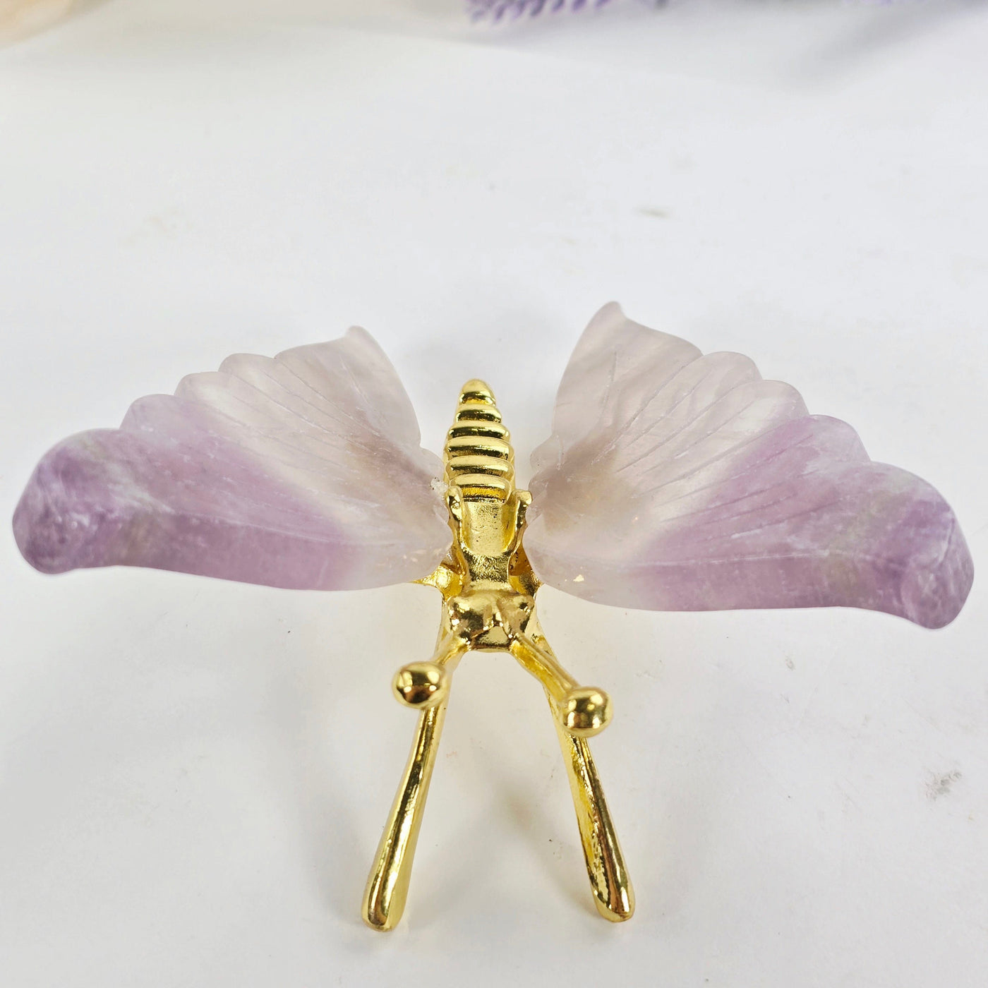 Fluorite Crystal Butterfly - Gold Toned Metal Butterfly with Fluorite Wings - One-of-a-Kind back view